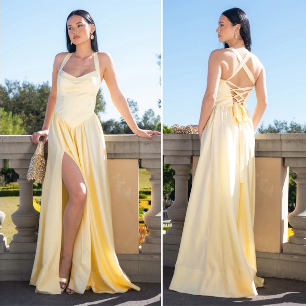 NWT Show Me Your Mumu Abigail Maxi Dress in Pale Yellow Luxe Satin Size XS